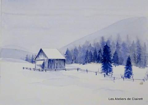 Paysage hivernal à l'aquarelle Paysage aquarelle de montagne en hivers avec chalet et foret de sapin