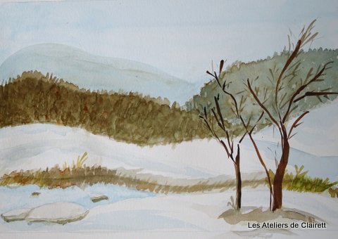 Paysage enneigé à l'aquarelle