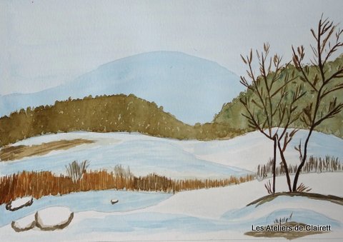 Paysage de montagne en hivers à l'aquarelle