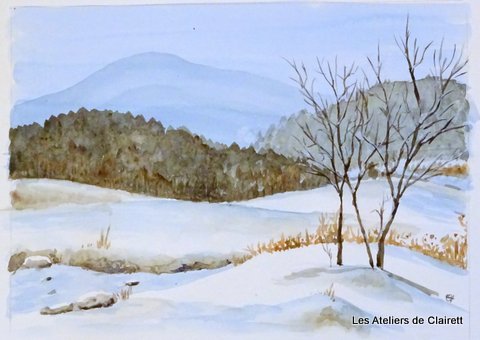 Paysage sous la neige à l'aquarelle Paysage vallonné sous la neige, rivière et arbres à l'aquarelle