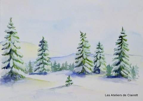 Paysage hivernal - sapin enneigés Paysage aquarelle hivernal avec foret de sapins enneigés