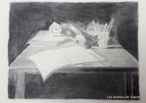 Nature morte au crayon graphite "C'est la rentrée"