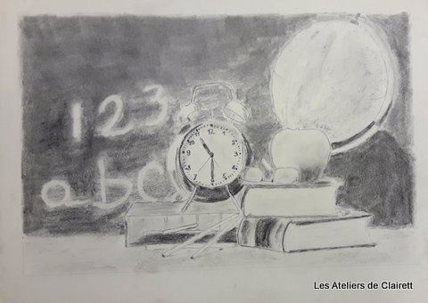 Nature morte au crayon graphite "C'est la rentrée"