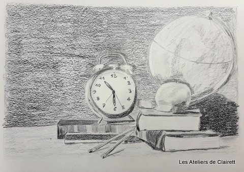 Nature morte au crayon graphite "C'est la rentrée"