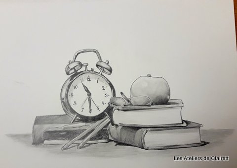 DEssin au crayon graphite sur le thème de la rentrée Nature morte au crayon graphite "C'est la rentrée"