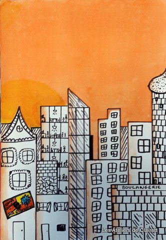 ville à l'encre aquarelle