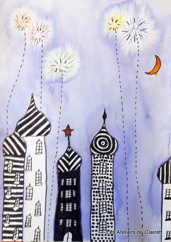 ville à l'encre aquarelle