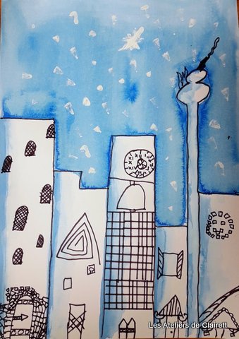 ville à l'encre aquarelle