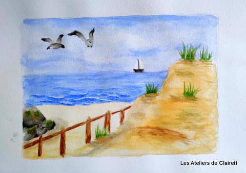 paysage aquarelle bord de mer plage et sable