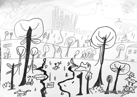 dessin d'enfant paysage avec perspective simple