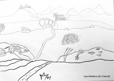 dessin d'enfant paysage avec perspective simple