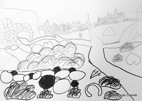 dessin d'enfant paysage avec perspective simple