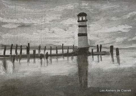 paysage mer fusain fond noir