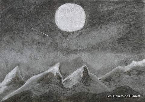 paysage nocturne fusain fond noir